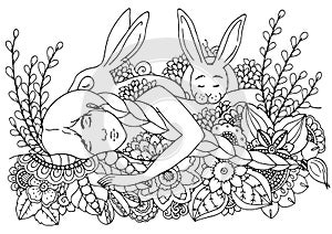 Vector illustration zentangl sleeping girl and hares. Doodle drawing pen. Coloring page for adult anti-stress. Black