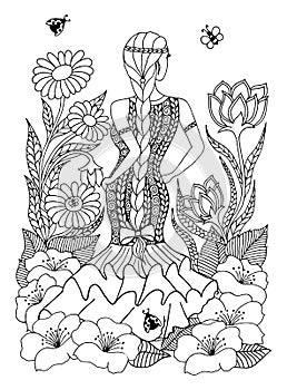 Vector illustration zentangl Spanish woman girl standing in in the flowers. Doodle drawing. Meditative exercises. Coloring book an