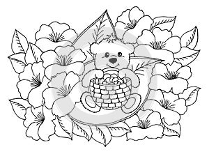 Vector illustration zentangl a teddy bear with a basket of mushrooms sitting among the flowers. Doodle drawing. Coloring book anti