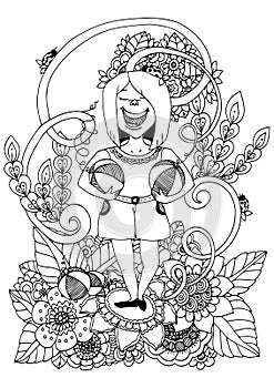 Vector illustration zentangl, woman athlete holds watermelon floral frame. Doodle drawing. Meditative exercises
