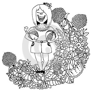 Vector illustration zentangl, woman athlete holds watermelon floral frame. Doodle drawing. Meditative exercises