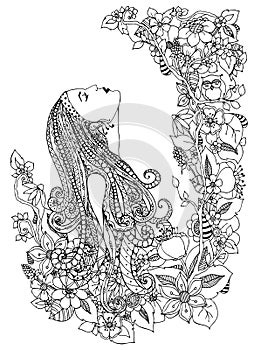 Vector illustration zentangl woman in flowers. He looks up, profile, portrait, doodle frame, owl, dudling flowers zenart