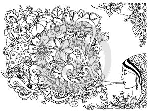 Vector illustration zentangl woman, girl flute with flowers. Coloring Anti stress. Black and white. Adult coloring books