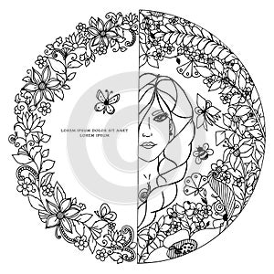 Vector illustration zentangl woman in a round frame with flowers. The girl, circle, doodle portrait zenart bee photo