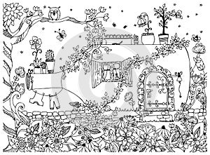Vector illustration zentangle house in a bottle. The tale doodle, zenart, garden, flowers, tree, owl. House fabulous door