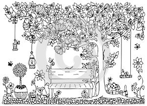 Vector illustration zentangle park, garden, spring: bench, a tree with apples, flowers, swing, doodle, zenart, dudling