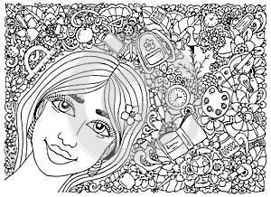 Vector illustration zentangle, schoolgirl in a frame with school supplies. Back to school. Doodle drawing. Meditative