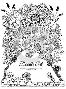 Vector illustration zentnagl, floral frame. Doodle drawing. Coloring book anti stress for adults. Black and white.