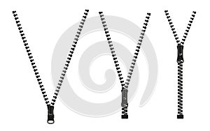 Vector illustration. Zippered lock and unlock. Zipper buttoned. Closed and open zipper.
