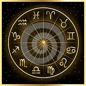 Vector illustration of zodiac circle on cosmic background with stars