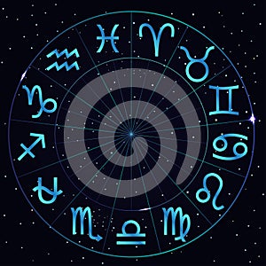 Vector illustration of zodiac circle on cosmic background with stars. Astrology horoscope signs.