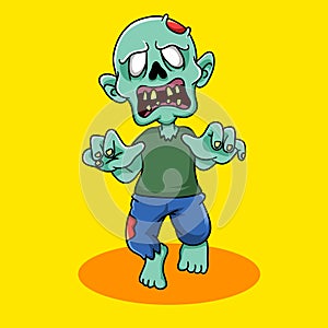 Vector illustration zombie character chase and very scary. character zombie illustration with yellow background