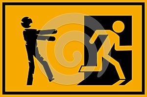 Vector illustration - zombie emergency exit sign with a stick figure silhouette undead chasing a person trying to escape