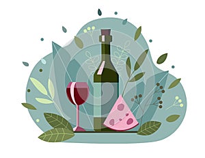 Vector illustrationa has bottle of wine and  glass