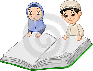 Cartoon Muslim boy and Muslim girl holding a giant book