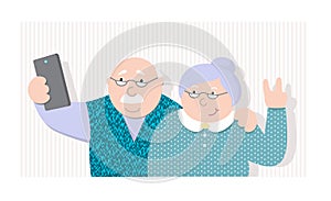 Vector illustrationold happy old man and old lady making selfies on the phone,family photo portrait of grandparents