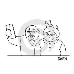 Vector illustrationold happy old man and old lady making selfies on the phone,family photo portrait of grandparents