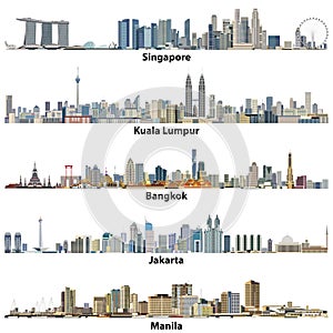 Vector illustrations of asian citiesSingapore, Kuala Lumpur, Bangkok, Jakarta and Manila skylines photo