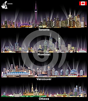 Vector illustrations of Canadian cities Toronto, Montreal, Vancouver and Ottawa abstract skylines at night with map and flag of Ca