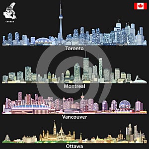 Vector illustrations of Canadian cities Toronto, Montreal, Vancouver and Ottawa skylines in different color palettes with map and