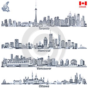 Vector illustrations of Canadian cities Toronto, Montreal, Vancouver and Ottawa skylines in tints of blue cod flags of the countri