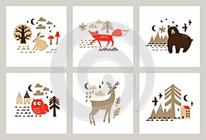 Vector illustrations with cute forest animals and trees in scandinavian style