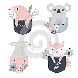 Vector illustrations of a cute pangolin, koala, anteater and fox sitting in little pockets