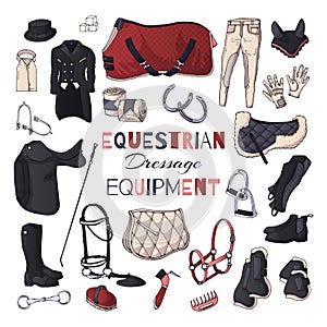 Vector illustrations on the equestrian equipment theme. Dressage