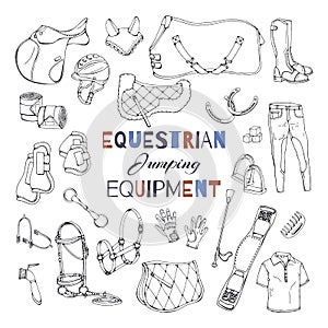 Vector illustrations on the equestrian equipment theme. Jumping