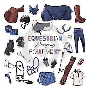 Vector illustrations on the equestrian equipment theme. Jumping