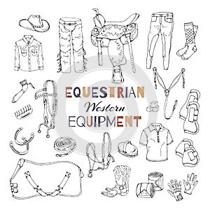 Vector illustrations on the equestrian equipment theme. Western