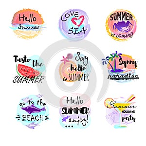 Vector illustrations for fabric, poster prints. Summer logos, hand drawn tags and elements set, labels, for summer holiday, travel