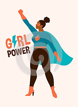 Vector illustrations in flat design of afro american female superheroe in funny comics costume. Girl power concept photo
