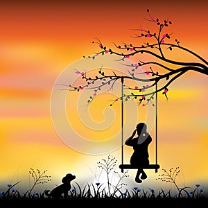 Vector illustrations Girl playing the swings