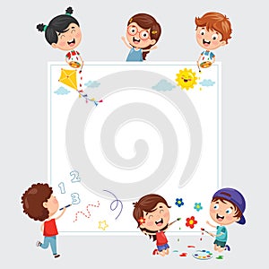 Vector Illustrations Of Kids Painting On White Banner