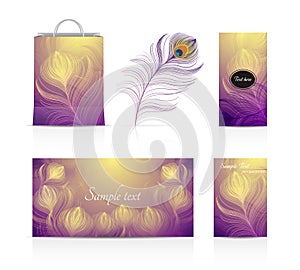 Vector illustrations of leaflets , cards, peacock feathers, shopping bag