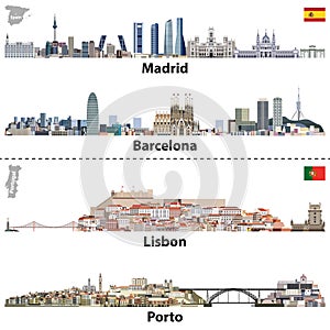 Vector illustrations of Madrid, Barcelona, Lisbon and Porto city skylines. Maps and flags of Spain and Portugal