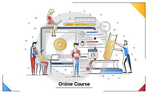 Vector Illustrations of online Course. Video educations. Online education concept illustration. Small people characters