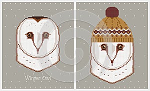 Vector illustrations of owl in a knitted hat.