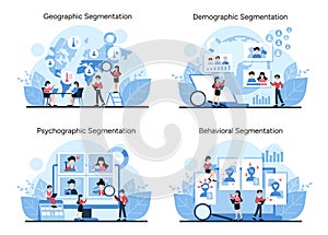 Vector illustrations present geographic, demographic, psychographic, and behavioral market divisions
