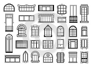 Vector illustrations set with different silhouettes of window frames