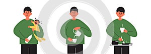 Vector illustrations set of father routine with tired dad holding feeding crying child, man relax with coffee and husband cooking