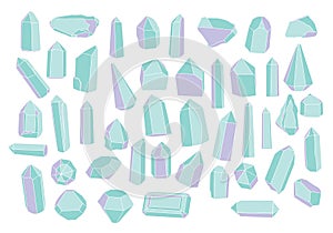 Vector illustrations set of hand drawn colorful geometric gems, crystals and minerals.