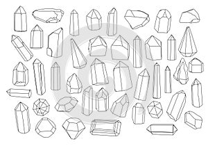Vector illustrations set of hand drawn geometric black and white gems, crystals and minerals.
