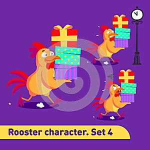 Vector illustrations set includes three running poses of rooster character with different emotions carying gift boxes in