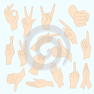 Vector illustrations set of universal gestures of hands. Hands in different interpretations.