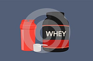 Vector Illustrations of a Shaker, Scoop and a Whey Protein Bottle. Isolated