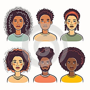 Vector illustrations six diverse African portraits showing various hairstyles. Portraits include