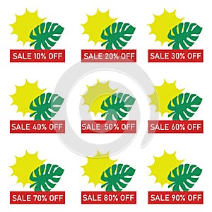 These vector illustrations summer sale, solar discounts. Sun and palm lear . Sale 10-90 off