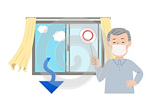 Vector illustrations with the tag of the circle to ventilate by opening a grandpa and a window to the mask